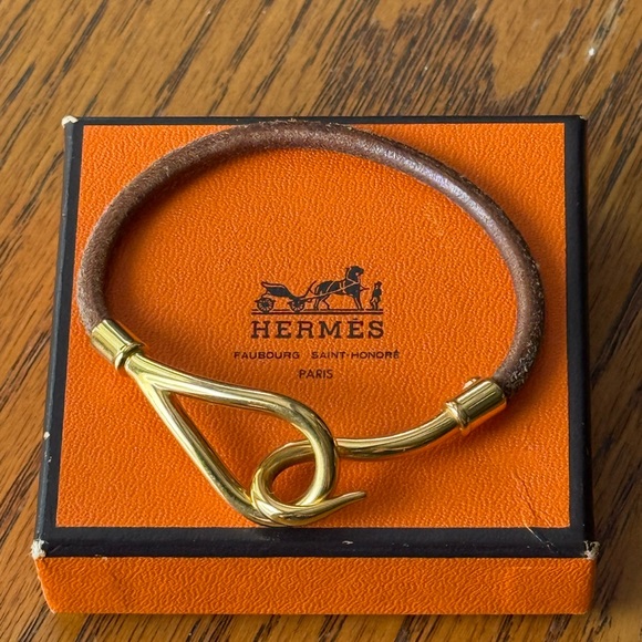 Hermes Gold Brown Leather Hook Bracelet 7” - Picture 1 of 5